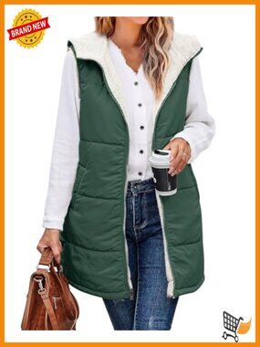 Long Puffer Vest Women Reversible Fleece Fall Winter Warm Sleeveless Zip Up